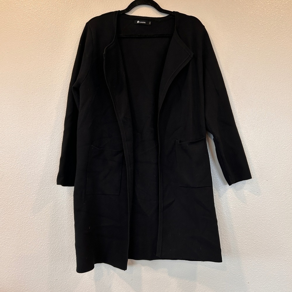 Logene Black‎ Open Front Longline Cardigan Sweater Pockets Womens Size L